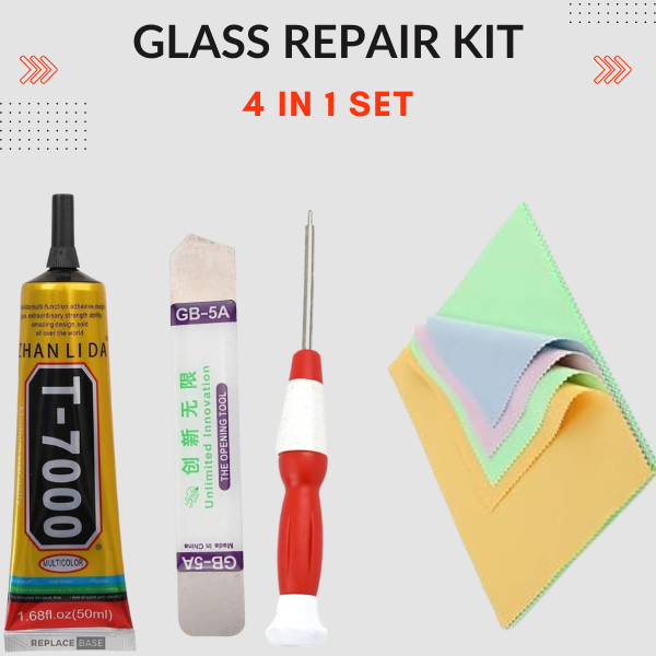 4 in 1 Mobile Repairing Kit - T-7000 Glue Black, 1 Screwdriver, 5 Multipurpose Cleaning Cloths and 1 Mobile Opener.