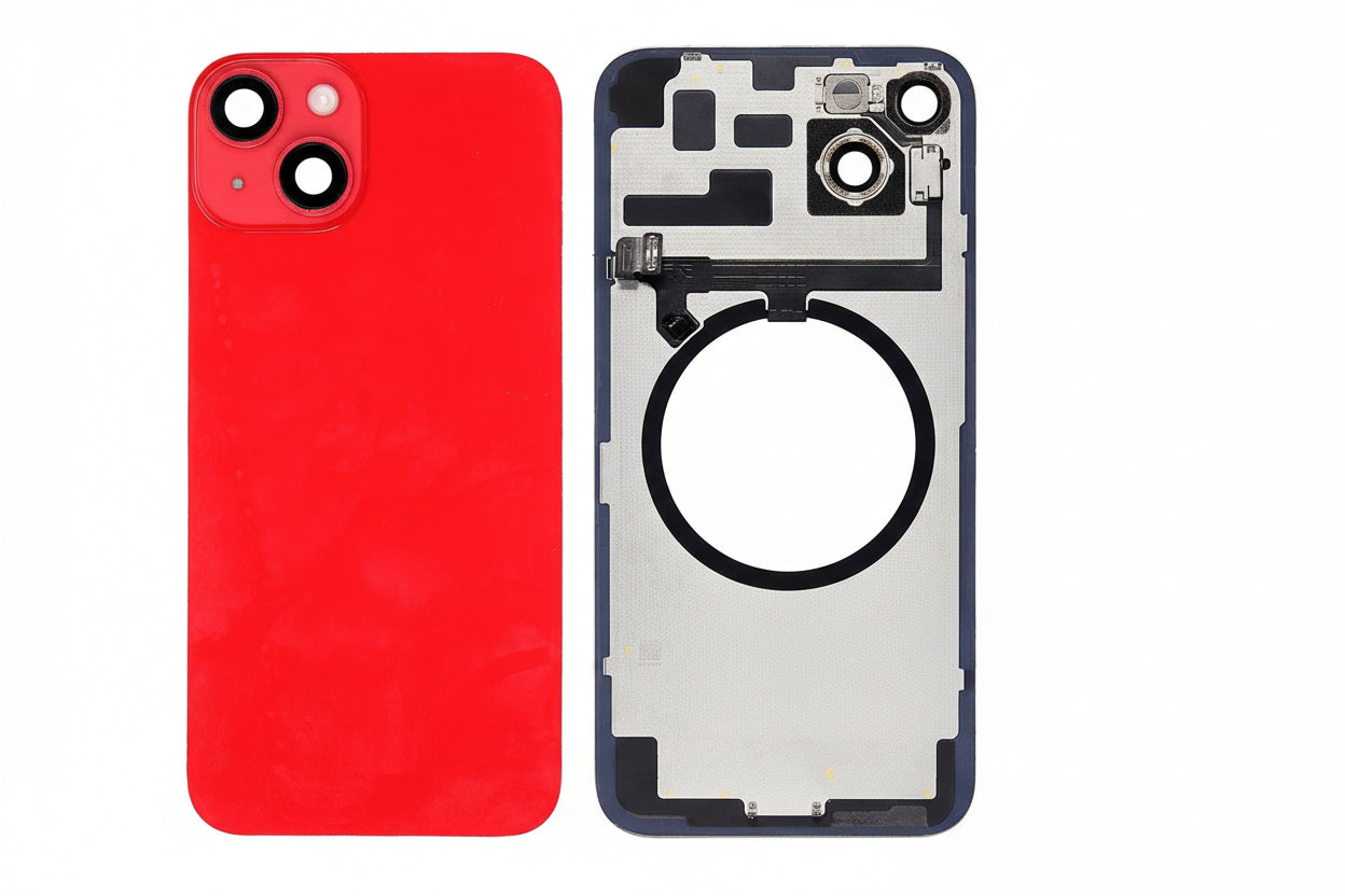 A back panel with camera glass lens for an iPhone 14 in a red color, showing both the front and back sides with internal components visible.