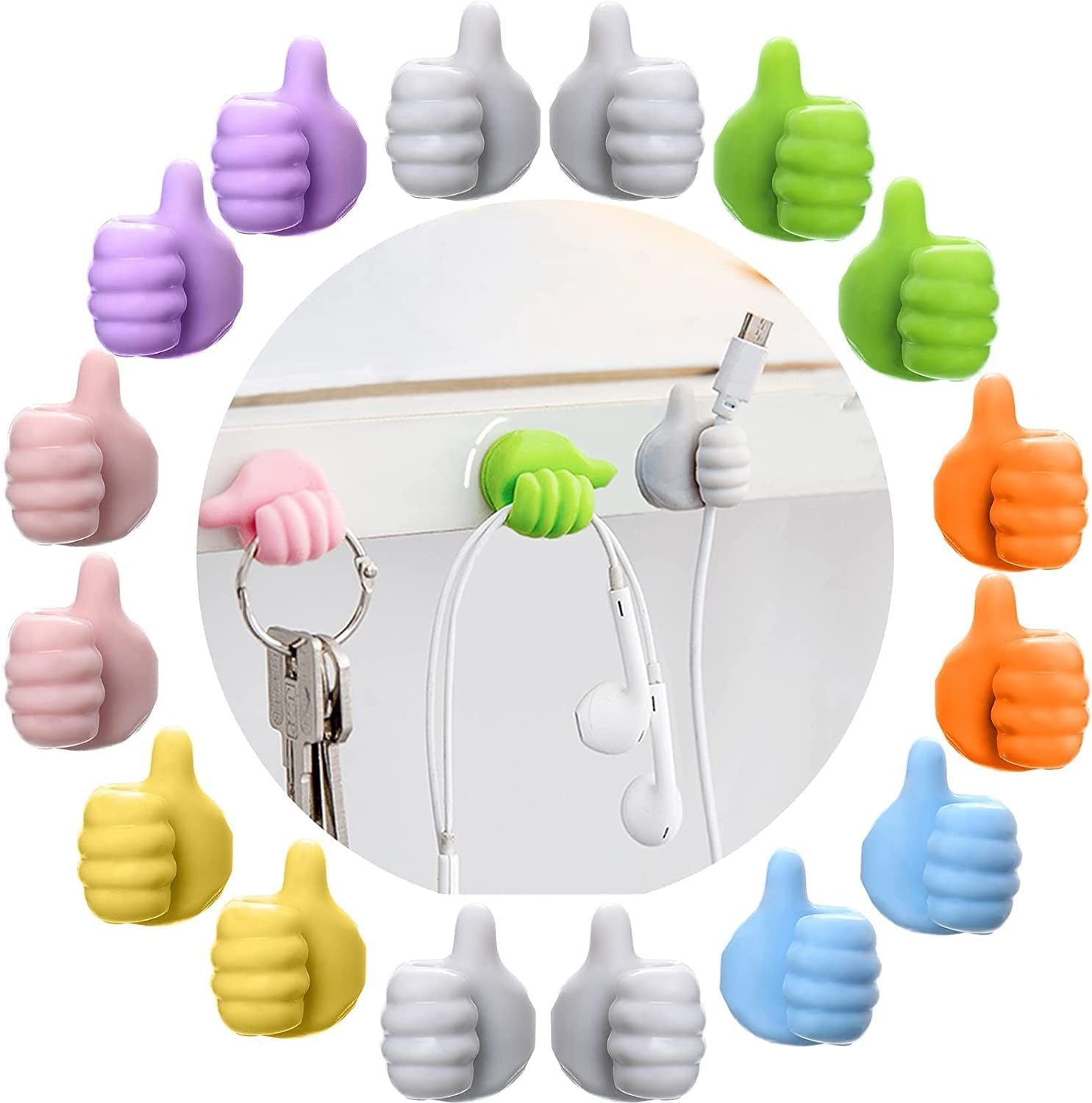 Thumbs Up Silicone Wall Hooks (Multicolor, Set of 4) – Self Adhesive | Cable & Key Holders for Home & Office